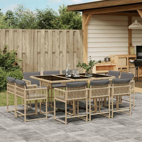 ARDEBO.de - 11-tlg. Garten-Essgruppe mit Kissen Beigemischung Poly Rattan