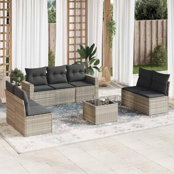 ARDEBO.de - 8-tlg. Garten-Sofagarnitur mit Kissen Hellgrau Poly Rattan