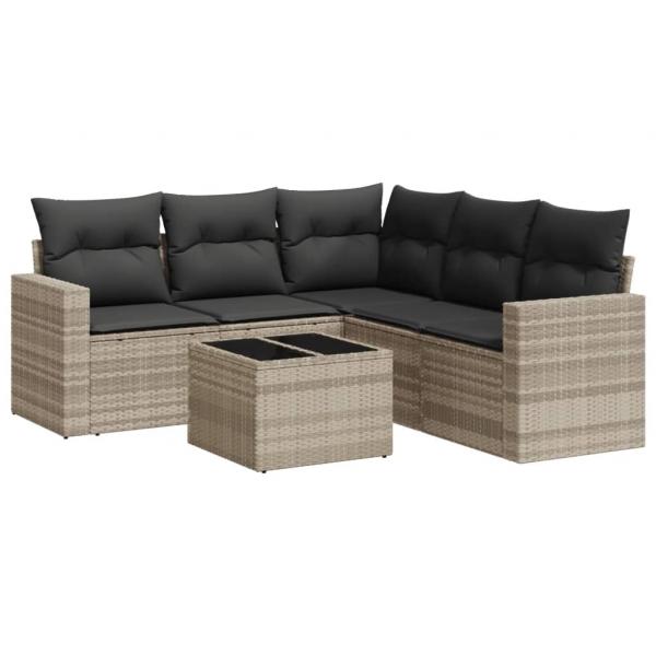 6-tlg. Garten-Sofagarnitur mit Kissen Hellgrau Poly Rattan
