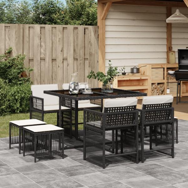 ARDEBO.de - 9-tlg. Garten-Essgruppe mit Kissen Schwarz Poly Rattan