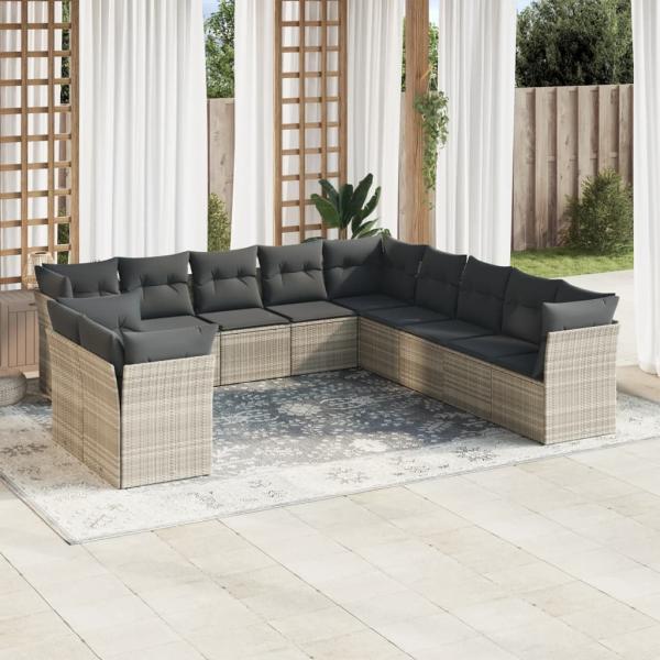 ARDEBO.de - 11-tlg. Garten-Sofagarnitur mit Kissen Hellgrau Poly Rattan