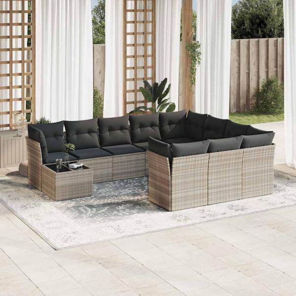 ARDEBO.de - 11-tlg. Garten-Sofagarnitur mit Kissen Hellgrau Poly Rattan