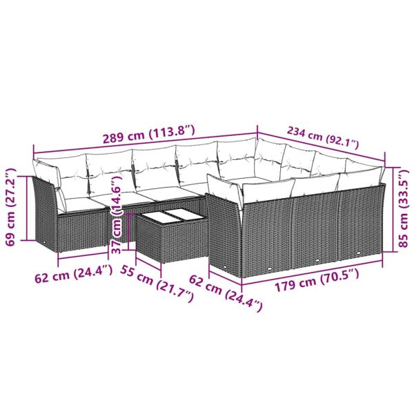 11-tlg. Garten-Sofagarnitur mit Kissen Hellgrau Poly Rattan