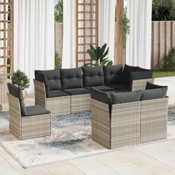 ARDEBO.de - 8-tlg. Garten-Sofagarnitur mit Kissen Hellgrau Poly Rattan