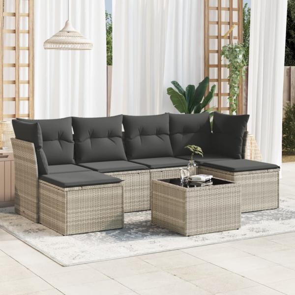ARDEBO.de - 7-tlg. Garten-Sofagarnitur mit Kissen Hellgrau Poly Rattan