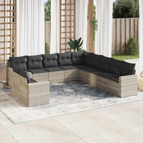 ARDEBO.de - 11-tlg. Garten-Sofagarnitur mit Kissen Hellgrau Poly Rattan