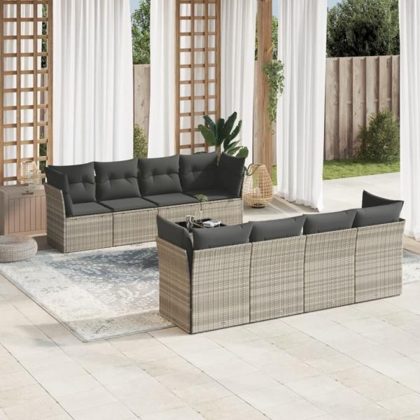 ARDEBO.de - 9-tlg. Garten-Sofagarnitur mit Kissen Hellgrau Poly Rattan