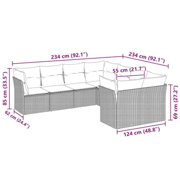 8-tlg. Garten-Sofagarnitur mit Kissen Hellgrau Poly Rattan