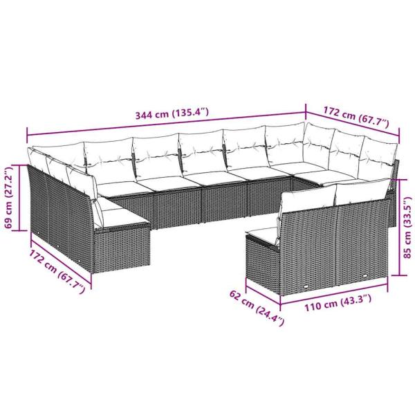 12-tlg. Garten-Sofagarnitur mit Kissen Hellgrau Poly Rattan