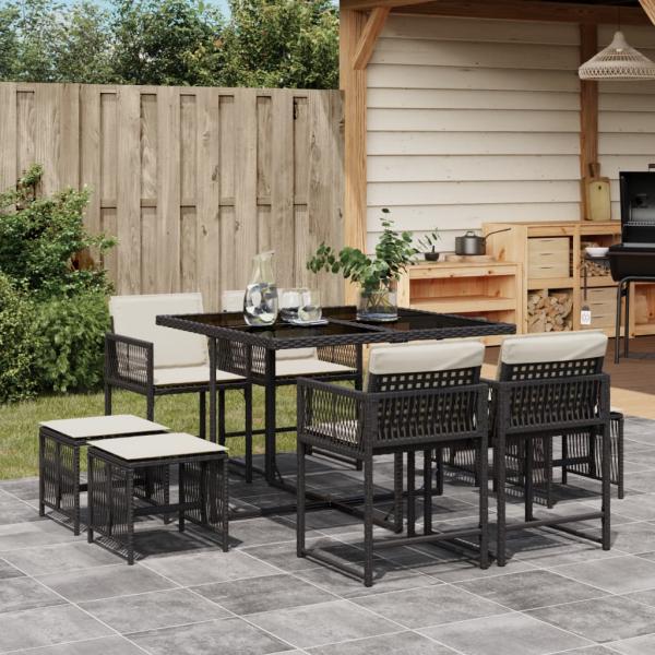 ARDEBO.de - 9-tlg. Garten-Essgruppe mit Kissen Schwarz Poly Rattan