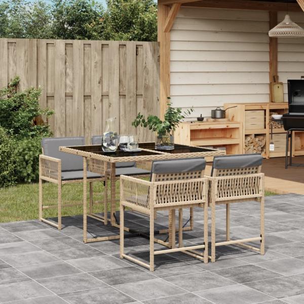 ARDEBO.de - 5-tlg. Garten-Essgruppe mit Kissen Beigemischung Poly Rattan