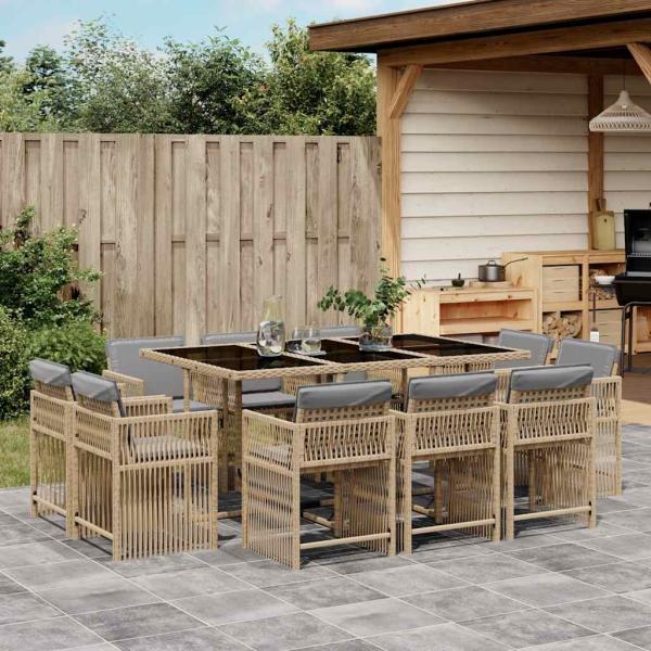 ARDEBO.de - 11-tlg. Garten-Essgruppe mit Kissen Beigemischung Poly Rattan