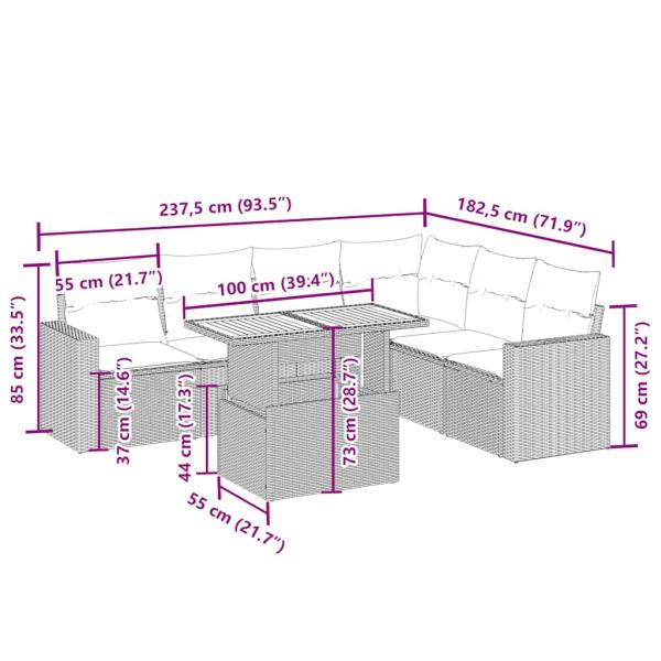 7-tlg. Garten-Sofagarnitur mit Kissen Beige Poly Rattan