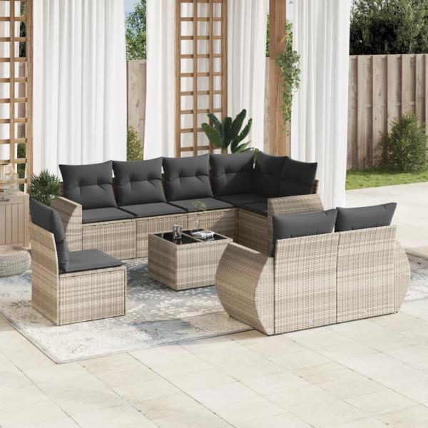 ARDEBO.de - 9-tlg. Garten-Sofagarnitur mit Kissen Hellgrau Poly Rattan