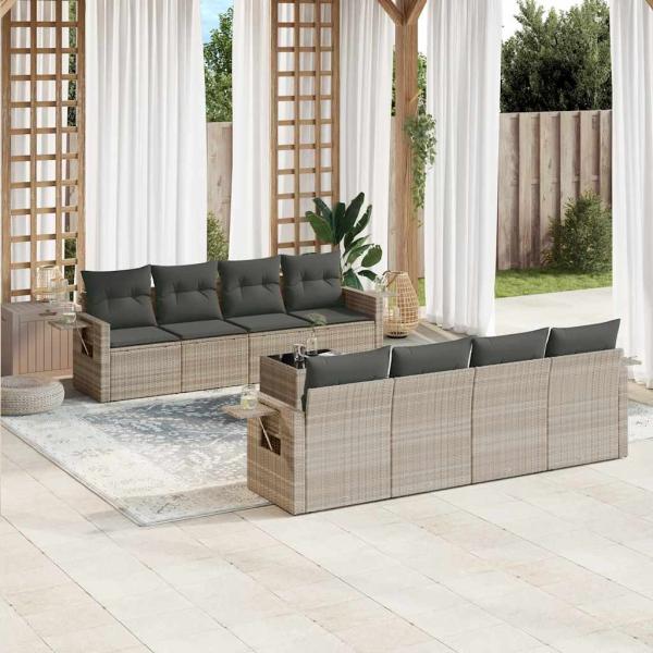 ARDEBO.de - 9-tlg. Garten-Sofagarnitur mit Kissen Hellgrau Poly Rattan