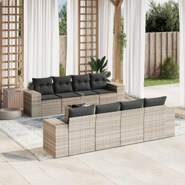 ARDEBO.de - 9-tlg. Garten-Sofagarnitur mit Kissen Hellgrau Poly Rattan