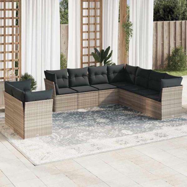 ARDEBO.de - 9-tlg. Garten-Sofagarnitur mit Kissen Hellgrau Poly Rattan