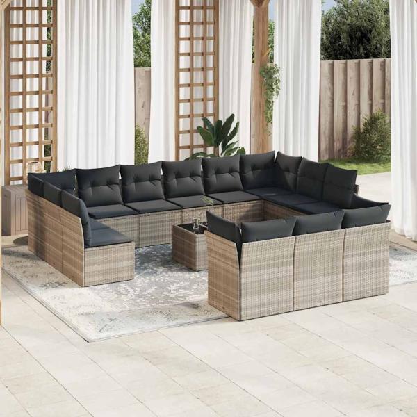 ARDEBO.de - 14-tlg. Garten-Sofagarnitur mit Kissen Hellgrau Poly Rattan