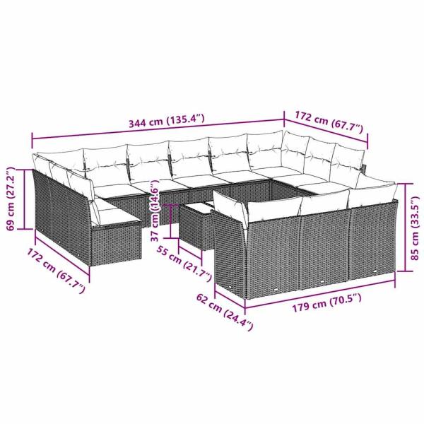 14-tlg. Garten-Sofagarnitur mit Kissen Hellgrau Poly Rattan