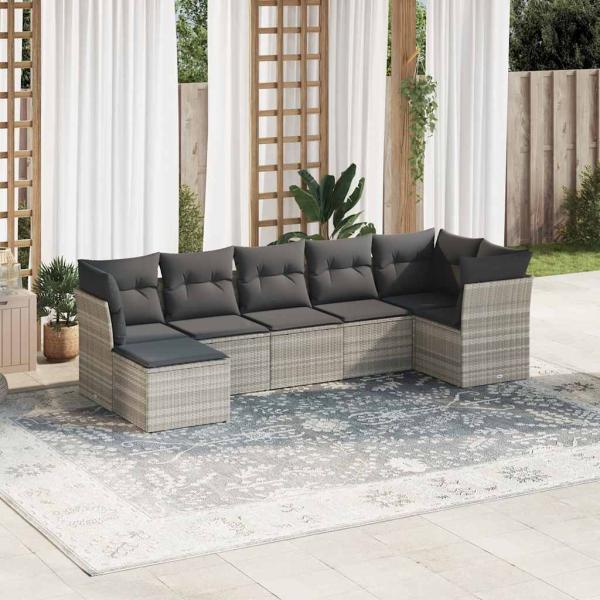 ARDEBO.de - 7-tlg. Garten-Sofagarnitur mit Kissen Hellgrau Poly Rattan