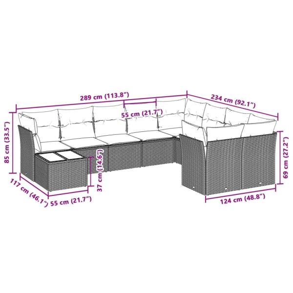 10-tlg. Garten-Sofagarnitur mit Kissen Hellgrau Poly Rattan