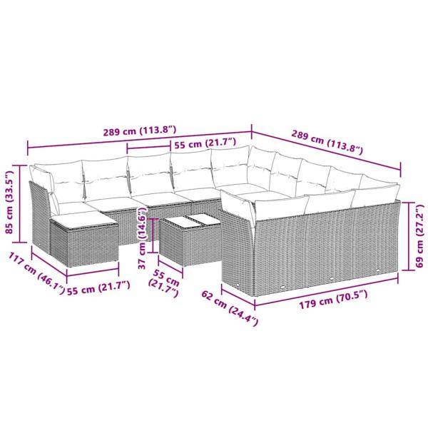 13-tlg. Garten-Sofagarnitur mit Kissen Hellgrau Poly Rattan