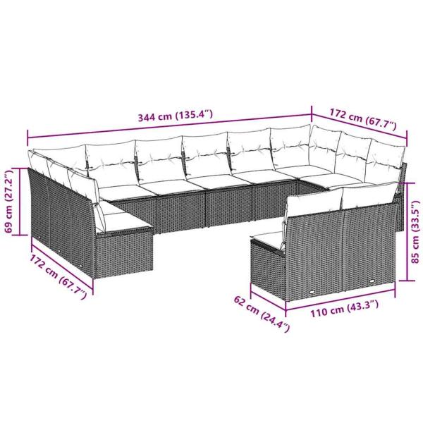 12-tlg. Garten-Sofagarnitur mit Kissen Hellgrau Poly Rattan