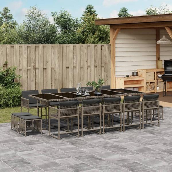 ARDEBO.de - 15-tlg. Garten-Essgruppe mit Kissen Grau Poly Rattan