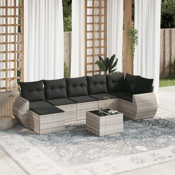 ARDEBO.de - 8-tlg. Garten-Sofagarnitur mit Kissen Hellgrau Poly Rattan