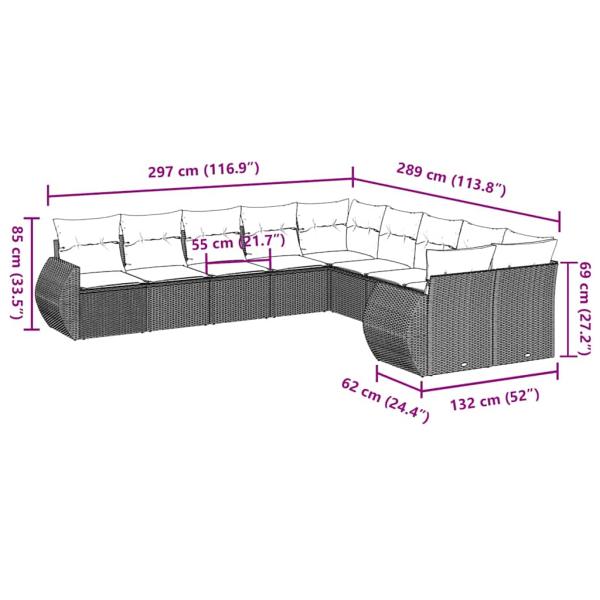 10-tlg. Garten-Sofagarnitur mit Kissen Hellgrau Poly Rattan