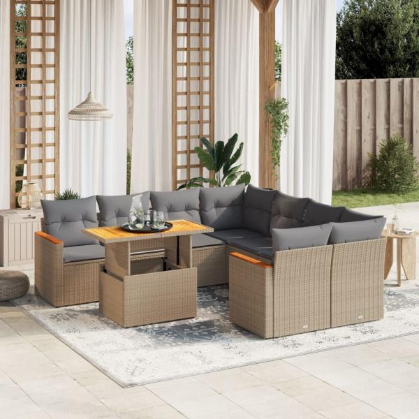 ARDEBO.de - 9-tlg. Garten-Sofagarnitur mit Kissen Beige Poly Rattan