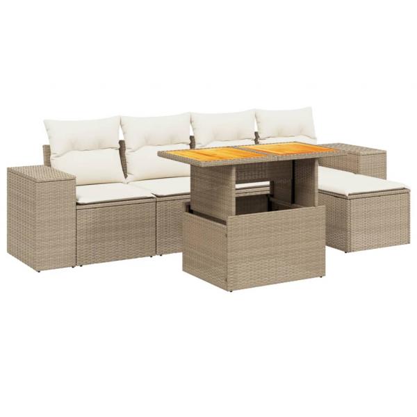 6-tlg. Garten-Sofagarnitur mit Kissen Beige Poly Rattan