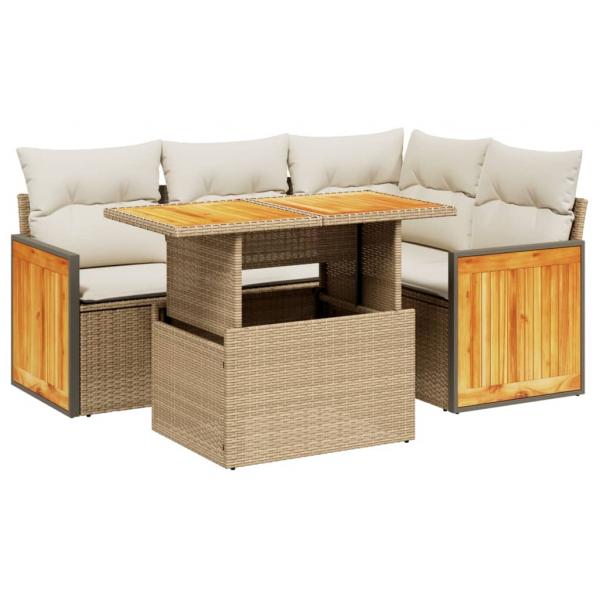 5-tlg. Garten-Sofagarnitur mit Kissen Beige Poly Rattan