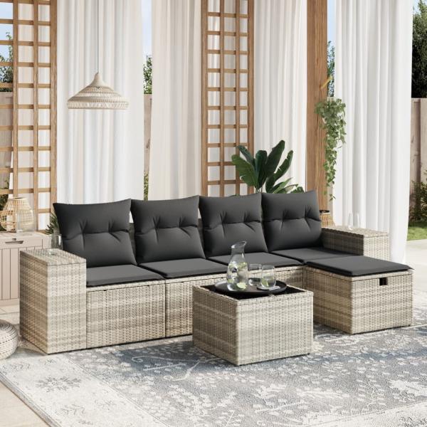 ARDEBO.de - 6-tlg. Garten-Sofagarnitur mit Kissen Hellgrau Poly Rattan