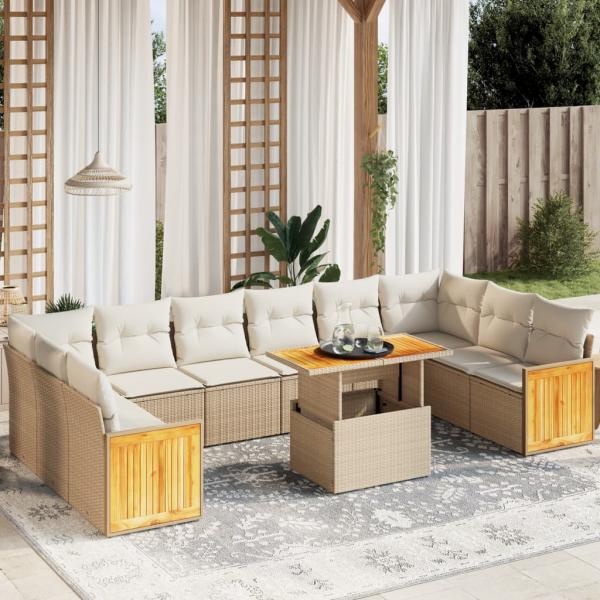 ARDEBO.de - 11-tlg. Garten-Sofagarnitur mit Kissen Beige Poly Rattan