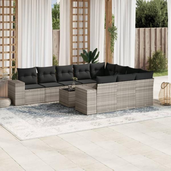 ARDEBO.de - 11-tlg. Garten-Sofagarnitur mit Kissen Hellgrau Poly Rattan