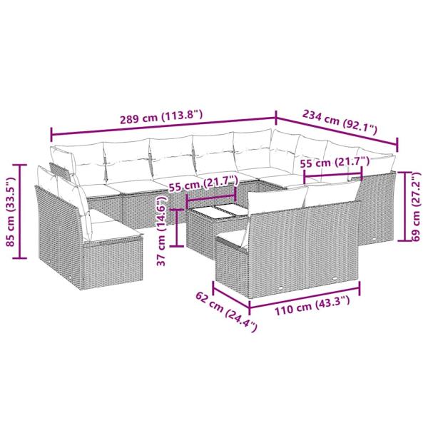 13-tlg. Garten-Sofagarnitur mit Kissen Hellgrau Poly Rattan