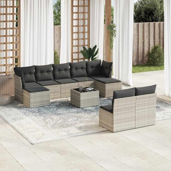 ARDEBO.de - 10-tlg. Garten-Sofagarnitur mit Kissen Hellgrau Poly Rattan