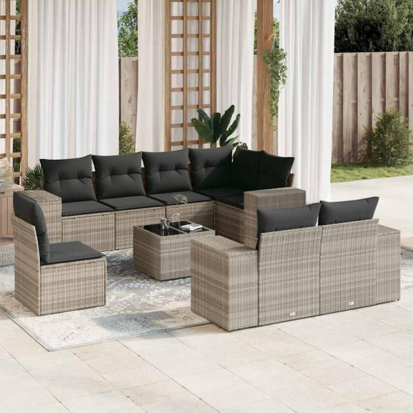 ARDEBO.de - 9-tlg. Garten-Sofagarnitur mit Kissen Hellgrau Poly Rattan