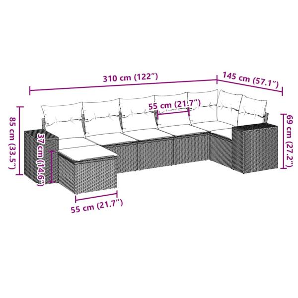 9-tlg. Garten-Sofagarnitur mit Kissen Hellgrau Poly Rattan