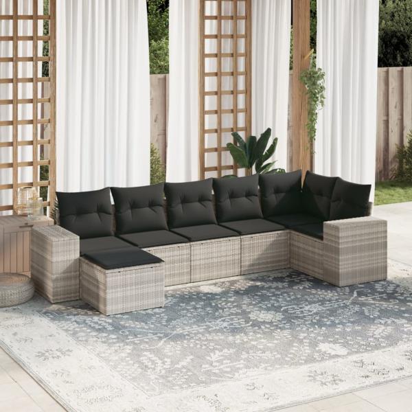 ARDEBO.de - 7-tlg. Garten-Sofagarnitur mit Kissen Hellgrau Poly Rattan
