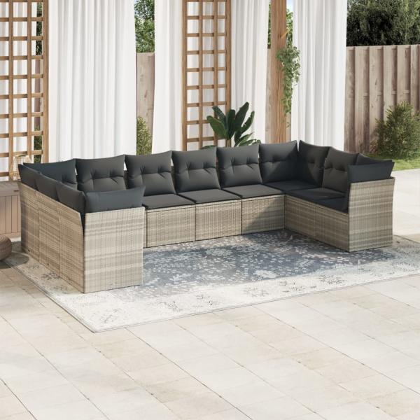 ARDEBO.de - 10-tlg. Garten-Sofagarnitur mit Kissen Hellgrau Poly Rattan