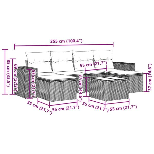 7-tlg. Garten-Sofagarnitur mit Kissen Hellgrau Poly Rattan