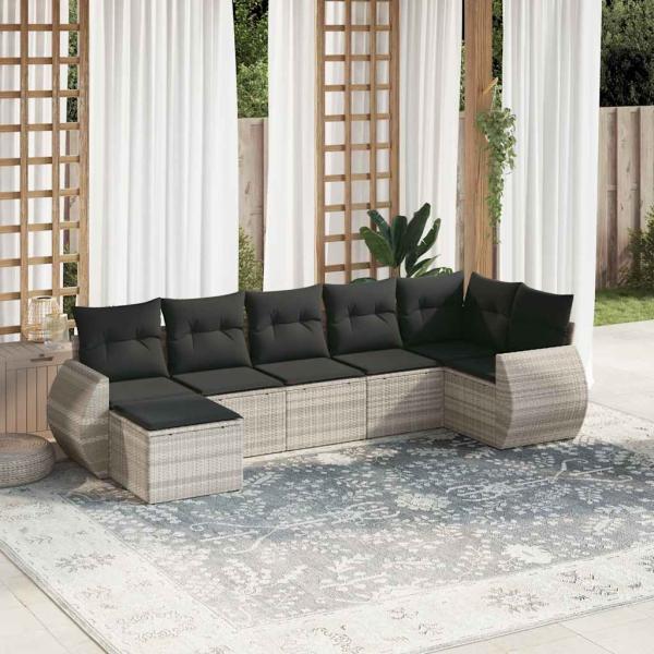ARDEBO.de - 7-tlg. Garten-Sofagarnitur mit Kissen Hellgrau Poly Rattan