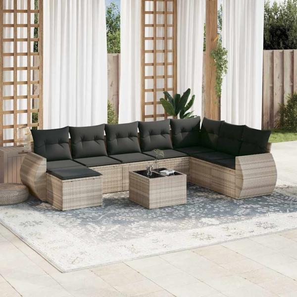 ARDEBO.de - 9-tlg. Garten-Sofagarnitur mit Kissen Hellgrau Poly Rattan