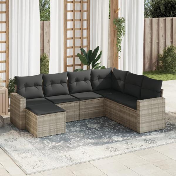 ARDEBO.de - 7-tlg. Garten-Sofagarnitur mit Kissen Hellgrau Poly Rattan