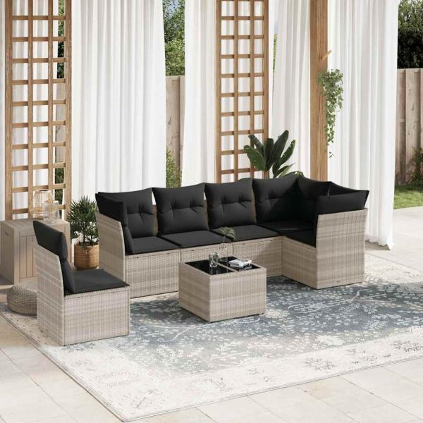 ARDEBO.de - 7-tlg. Garten-Sofagarnitur mit Kissen Hellgrau Poly Rattan