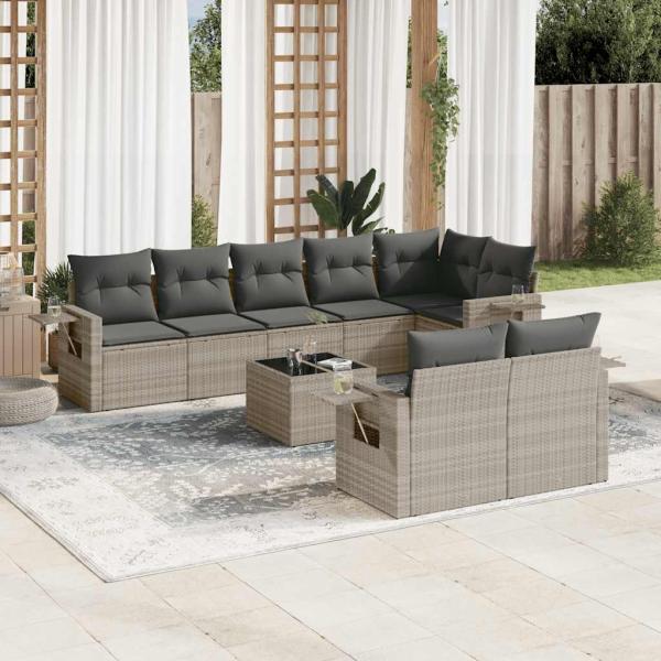 ARDEBO.de - 9-tlg. Garten-Sofagarnitur mit Kissen Hellgrau Poly Rattan
