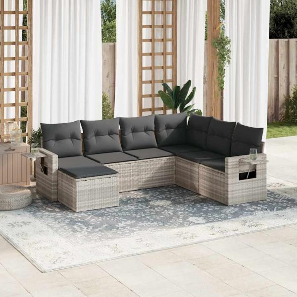 ARDEBO.de - 7-tlg. Garten-Sofagarnitur mit Kissen Hellgrau Poly Rattan