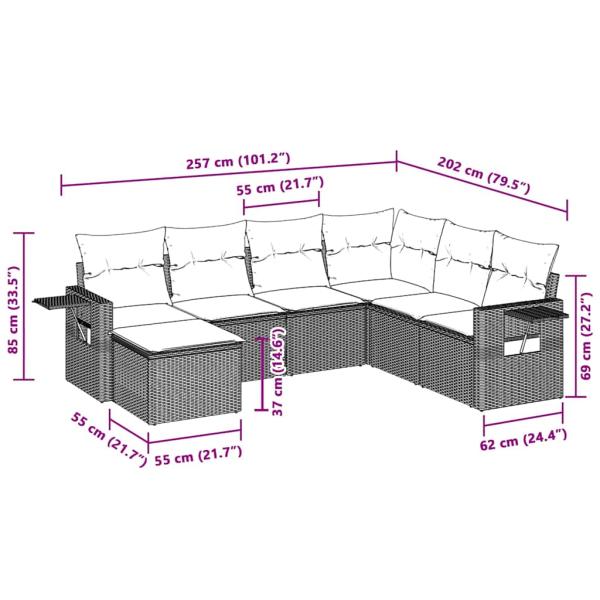 7-tlg. Garten-Sofagarnitur mit Kissen Hellgrau Poly Rattan